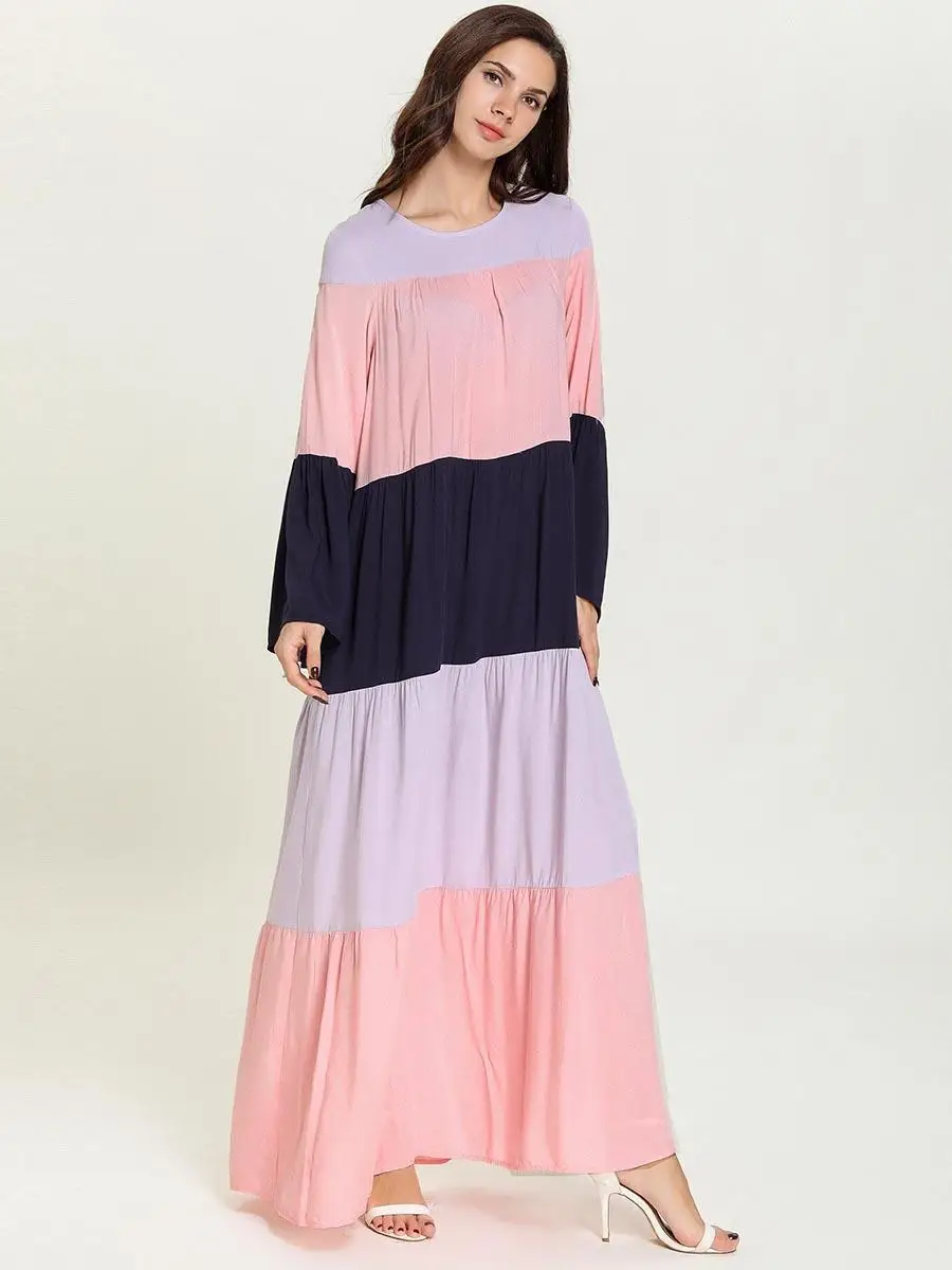 Abaya свободные женские мусульманские платья Дамы Кафтан рукава-фонарики пэчворк винтажные вечерние Макси платье Дубай цвет блок Мода