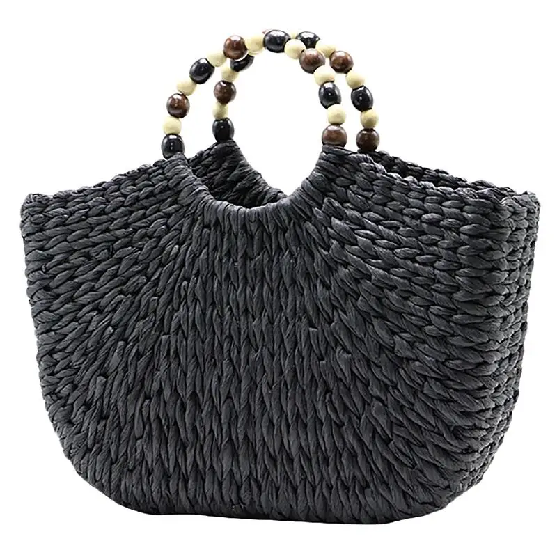 

FGGS-Womens Vintage Straw Woven Handbags Casual Beach Vacation Tote Bags With Beads Handle
