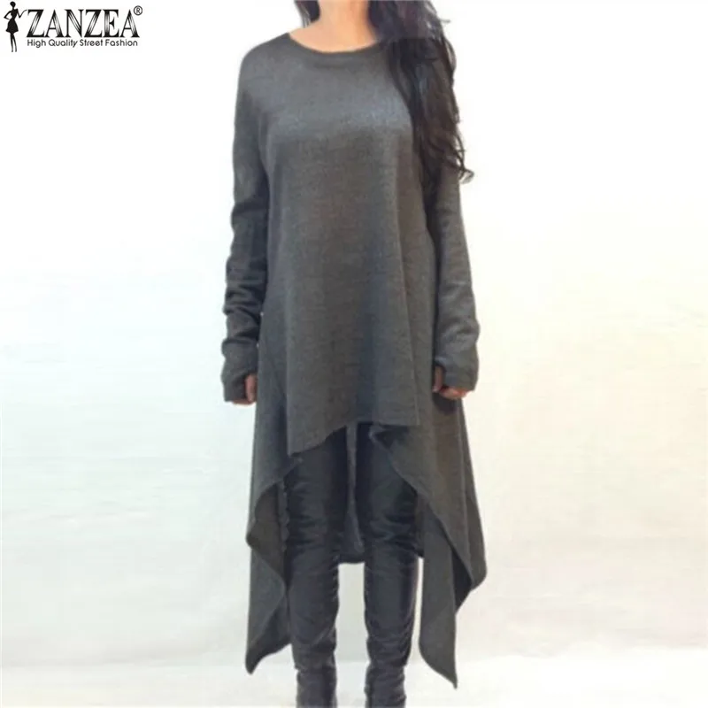 

ZANZEA Women Sweater Dress 2019 Autumn Long Sleeve Asymmetric Solid Casual Loose Knitted Midi Vestidos Female Dresses Plus Size