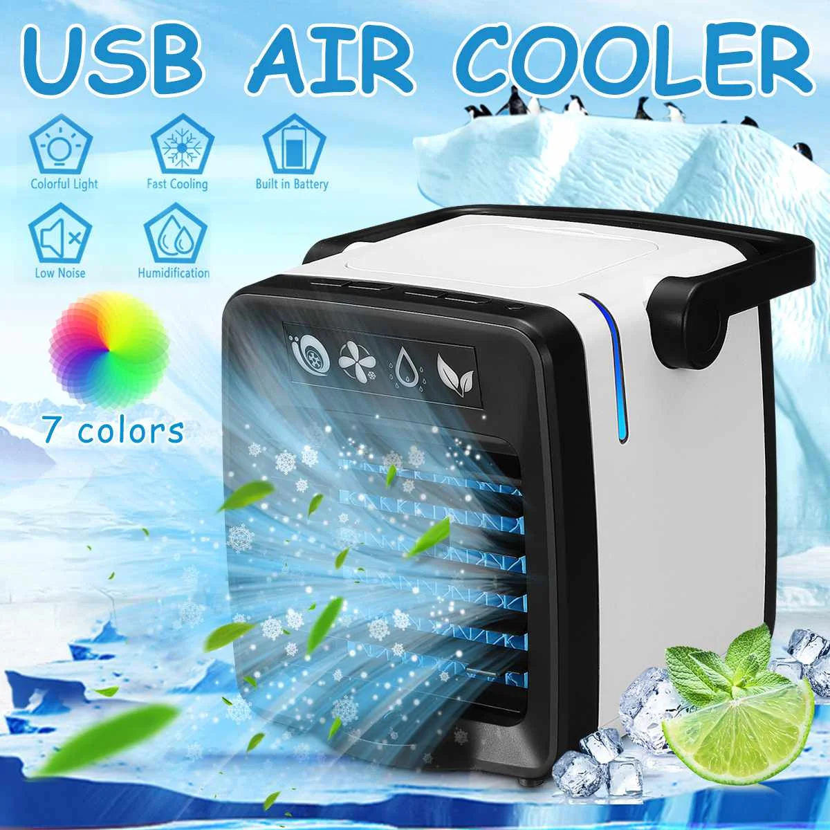 

Portable USB 3 in 1 Air Conditioner Cooler Cooling Fan Purifier Humidifier Plastic 2 speed 7 colors LED light for Office Home