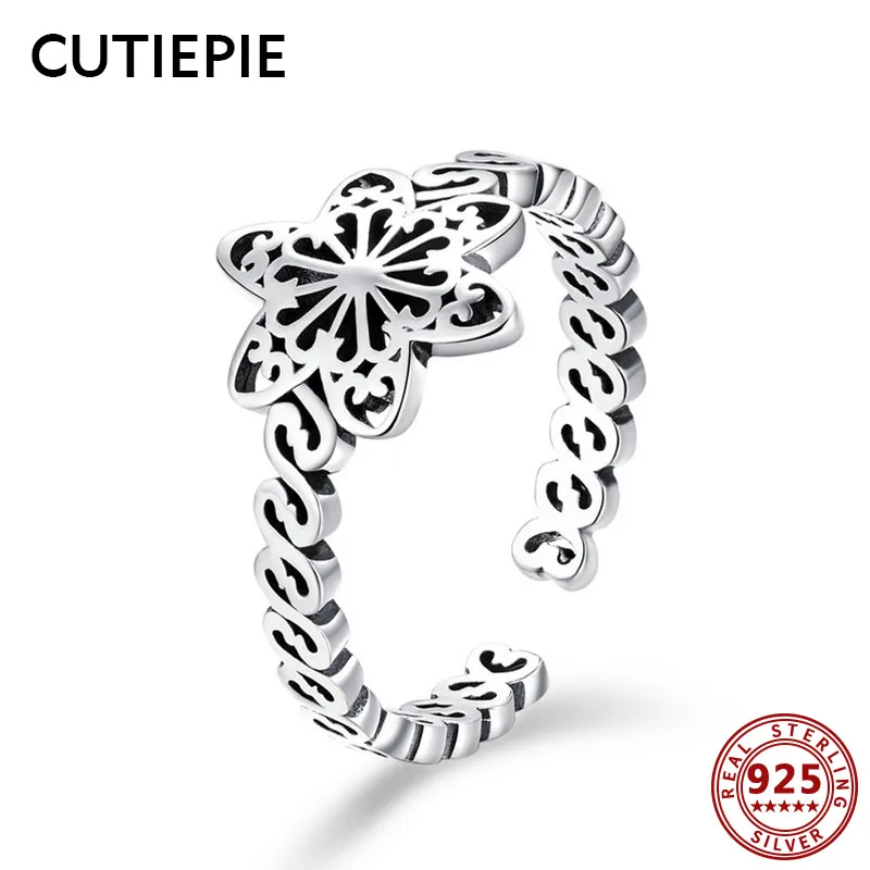 

CUTIEPIE New 100% Real 925 Sterling Silver Hollow Design Snowflake Flower Rings for Women Adjustable Wedding Silver Jewelry Gift