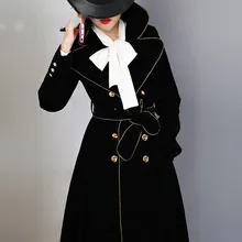 Высококачественный двубортный длинный Тренч, модное пальто, новинка, шикарное черное пальто, женское весенне-осеннее Золотое бархатное пальто X503