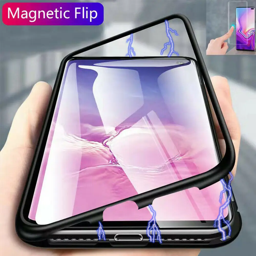 

For Samsung Galaxy S10 Plus S10E S10 Magnetic Adsorption Metal Case Tempered Glass Back Flip Hard Cover Case