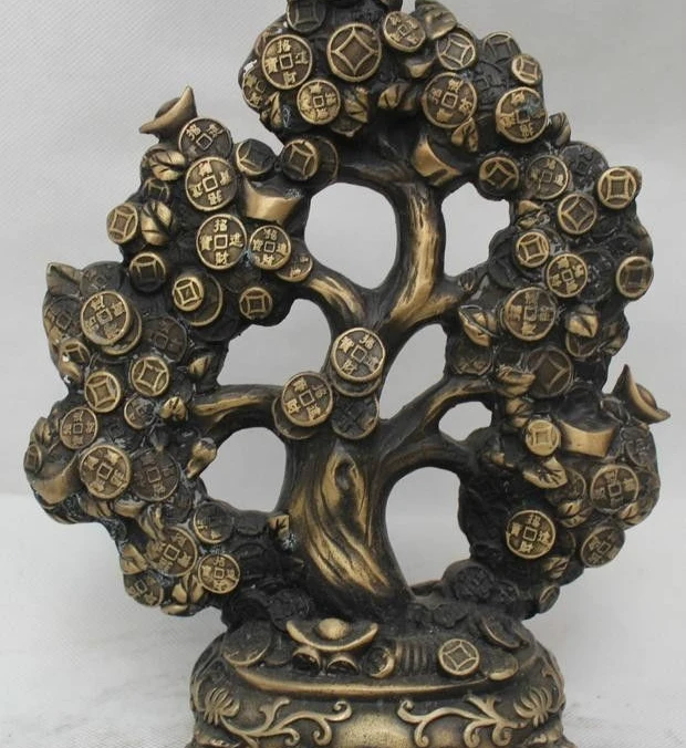 

9" Marked Chinese Feng Shui Copper Wealth Money Cash Lucky Tree Statue Sculpture