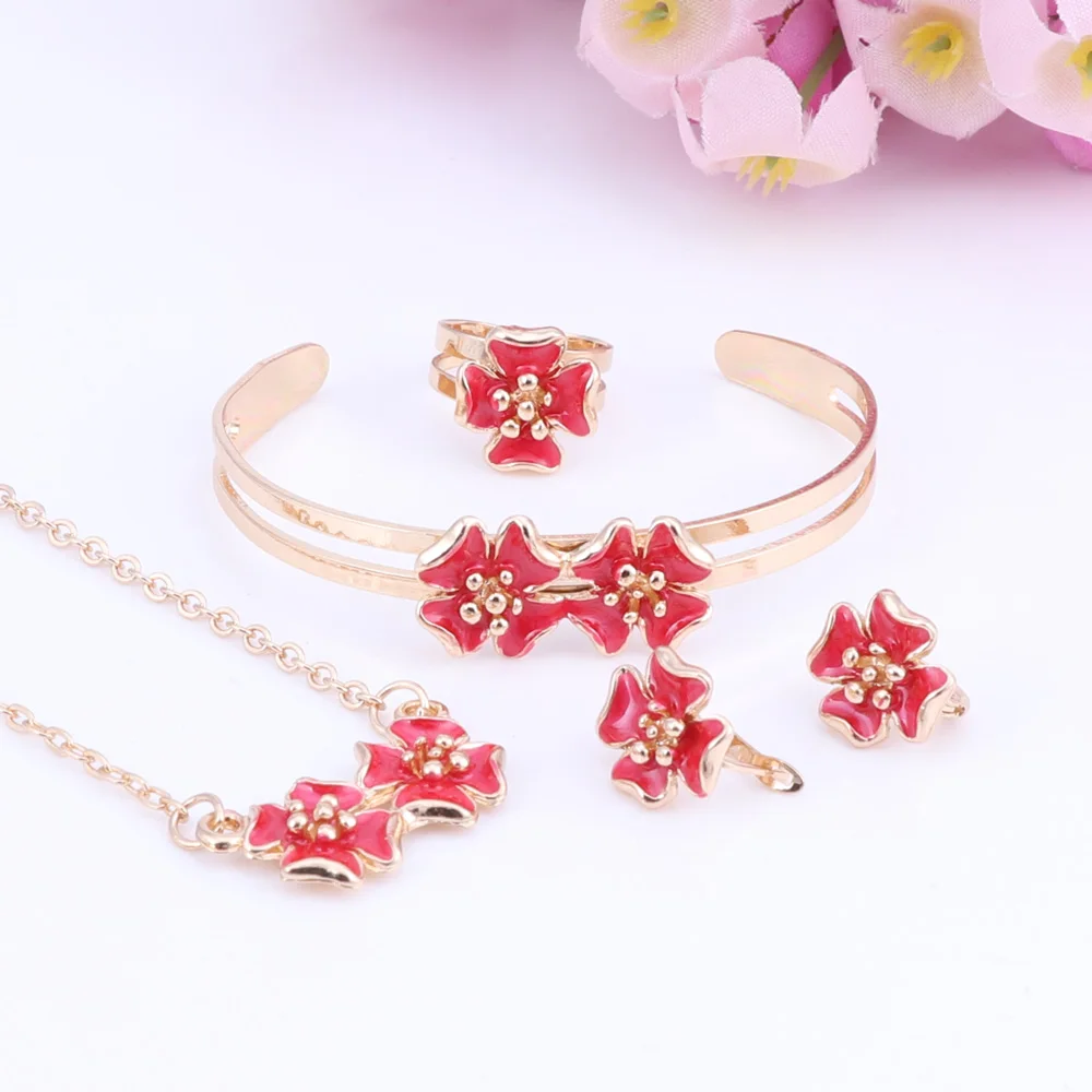 Комплекты ювелирных изделий для маленьких девочек, милый цветок золотого цвета, ожерелье, браслет, серьги, регулируемое кольцо - Окраска металла: Red