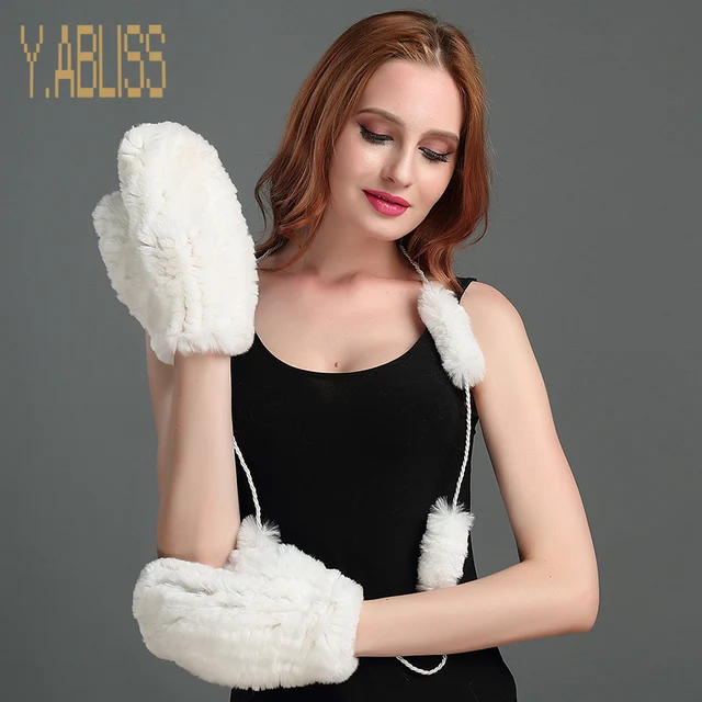 Rex Rabbit Fur Winter Gloves 100% Real Fur Knitted Female Gloves with Long Straps Soft Warm Wrist Gloves Without Fingers