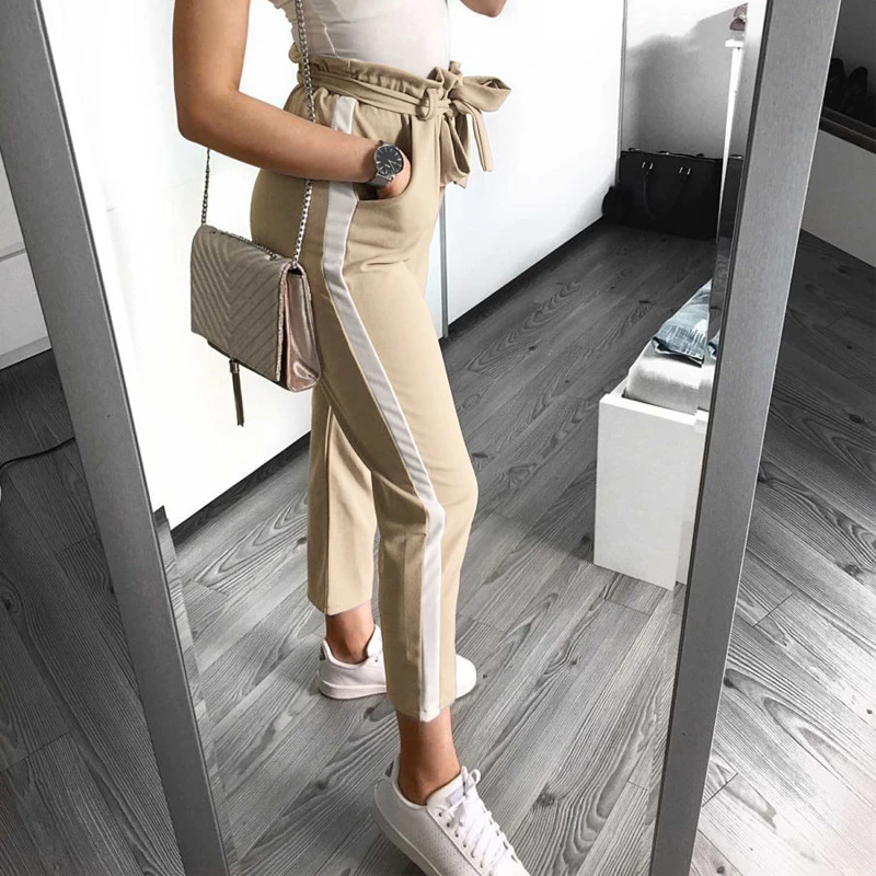 

Casual Side Striped Patchwork Women Pencil Pants Bandage Bow Tie High Waist Elastic Trousers Calf-length Stretch Pant WS9710M