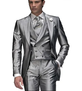 

Custom Made Wedding Suits For Men Tuxedos Designs Mens Suits With Pants gray Peak Lapel Groom ( jacket+Pants+vest+tie)