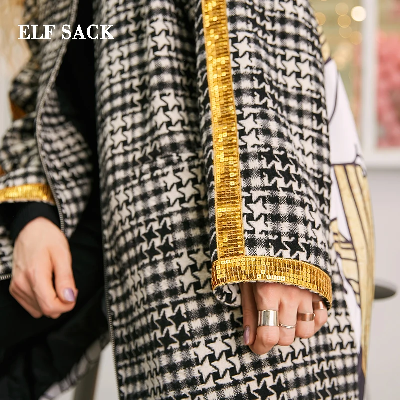 ELF SACK New Winter Woman Wool Blends Winter Coat Casual Winter Jacket Vintage Wool Blend Jacket Long Windbreaker Jacket Wool