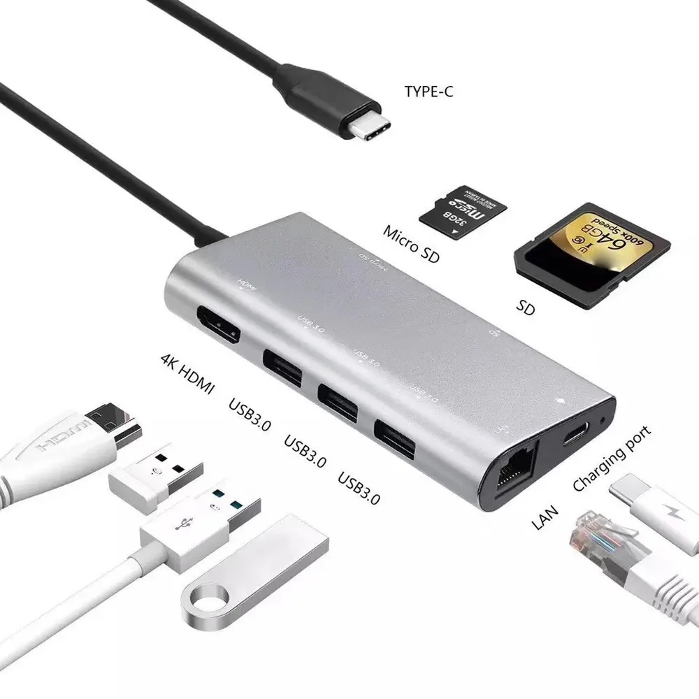 USB C концентратор 8 в 1 Алюминиевый мульти порт адаптер Тип C комбинированный концентратор для MacBook Pro USB C концентратор к HDMI Мужской(4 к) type-C пройти через