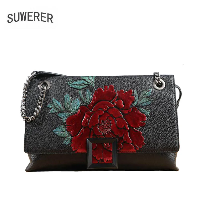 

SUWERER New women leather handbag Superior cowhide women Genuine Leather bags Women famous brand Luxury shoulder embossed bag