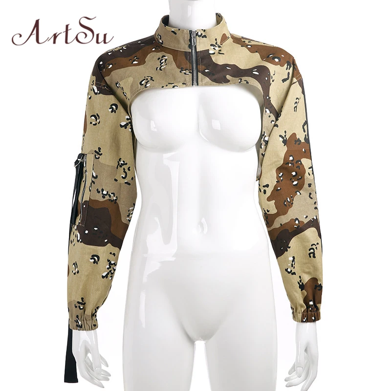 

ArtSu Fall Jackets for Women 2018 Camouflage Long Sleeve Short Jacket Oversized Outerwear Womens Harajuku Jacket ASCO20268