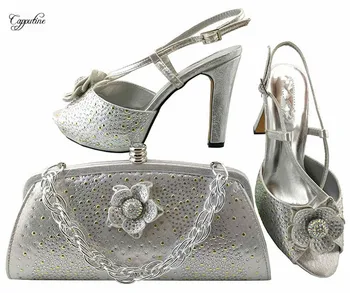 

Hot sale silver with nice rhinestones high heel party shoes and handbag set MM1040, heel height 11cm
