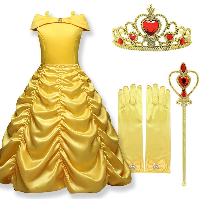 yellow Belle Princess Dress cosplay Draped Girls dress Crown magic ...