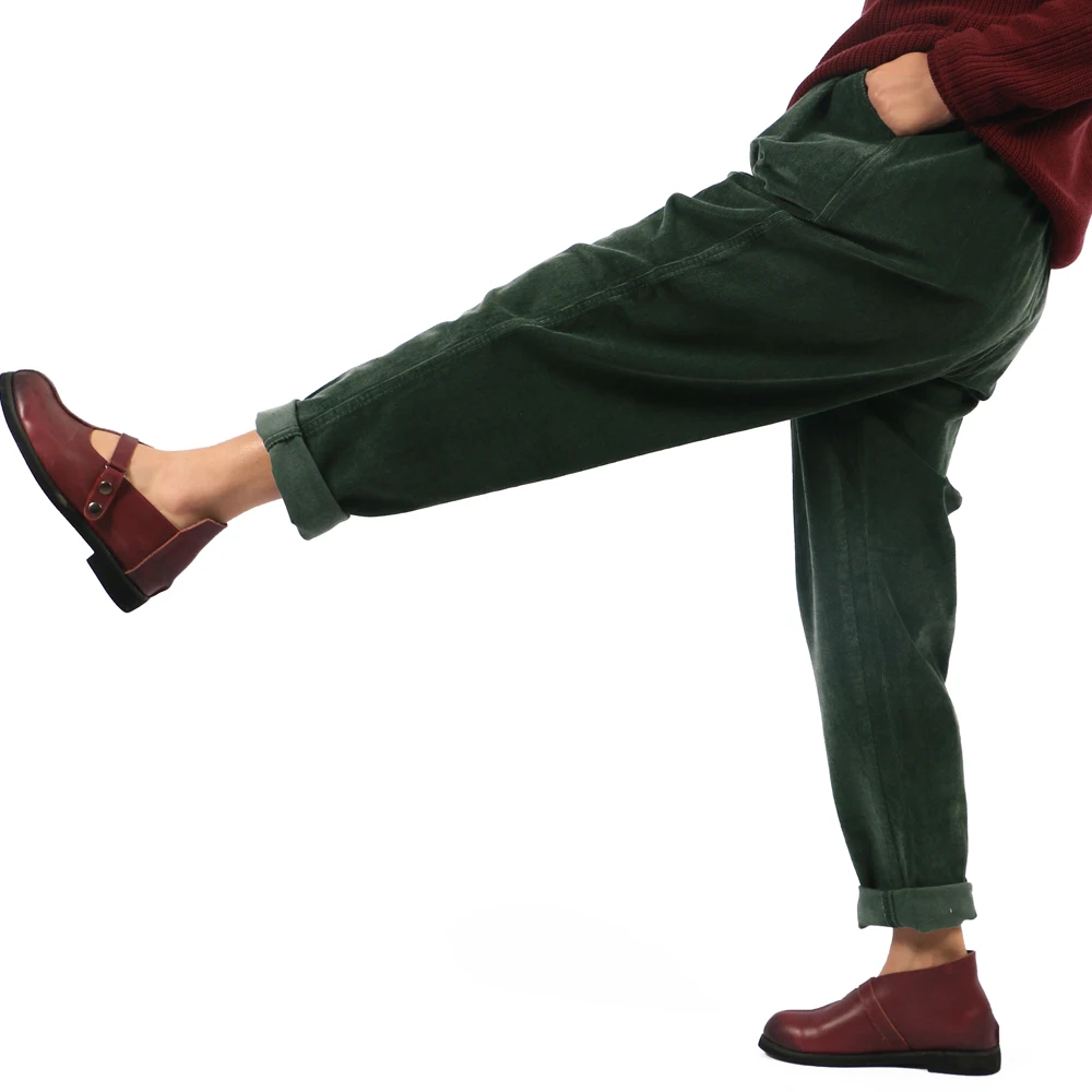 AIDAYOU женские вельветовые брюки винтажные повседневные плотные теплые эластичные талии свободные хлопковые брюки со складками OUC2426