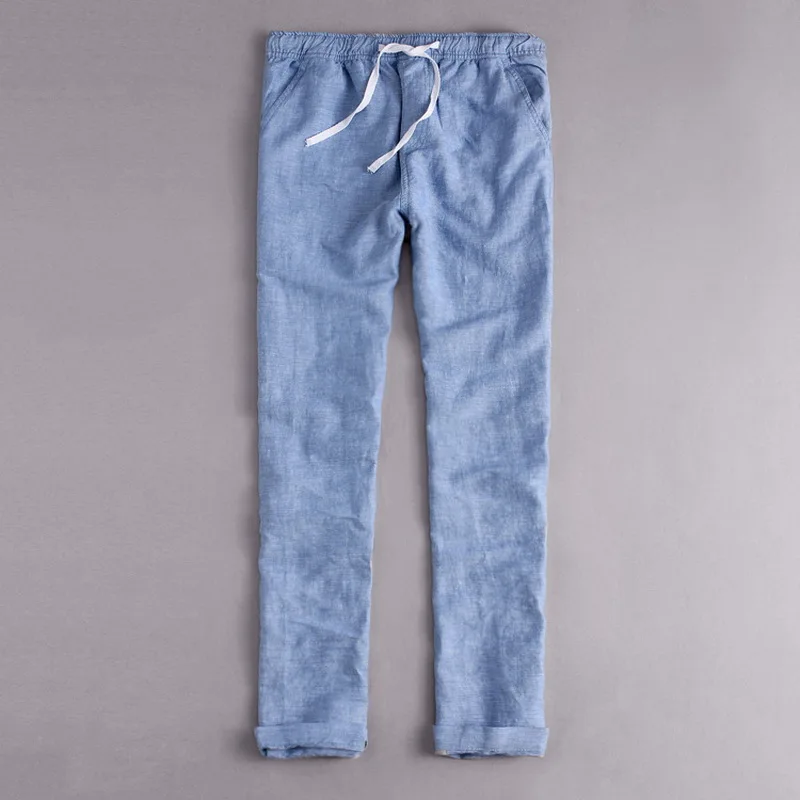 

WMSHUO High Quality Men's Summer Casual Pants Natural Cotton Linen Trousers White Linen Elastic Waist Straight Man's Pants Y109