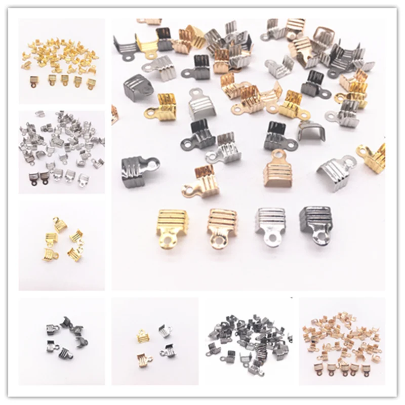 

50Pcs Width 8mm Cord End Tip Fold Over Clasp Crimp Bead Connector Gold Silver Gun Black Dull silver Plated DIY Jewelry Making