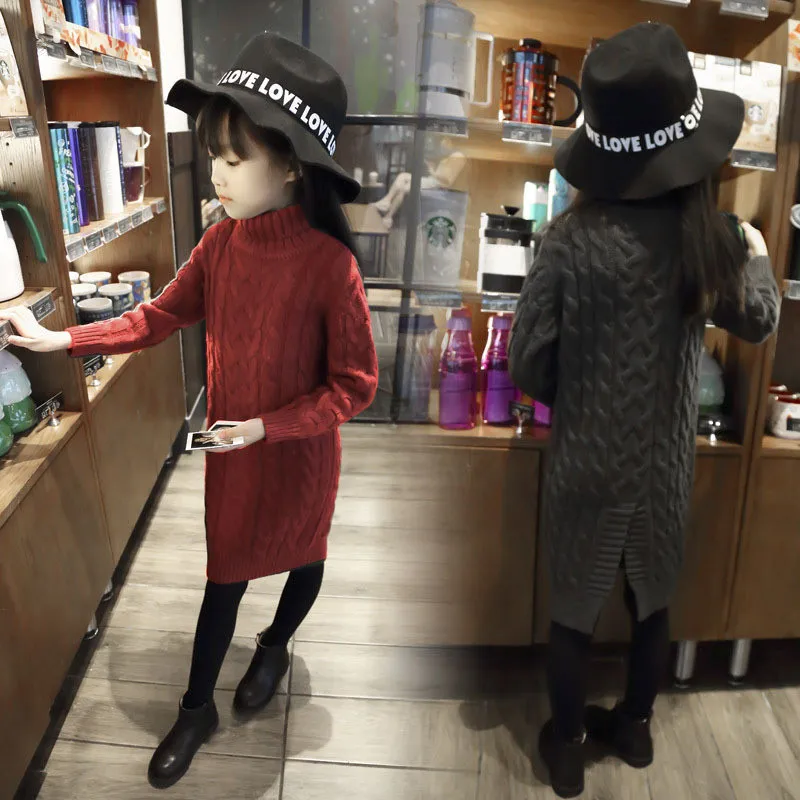 

2-8 Y Spring Autumn Winter Girls Sweater Clothes Girl Long Sleeve Turtleneck Split Kids Pullover Sweaters Casual Dress JW1078