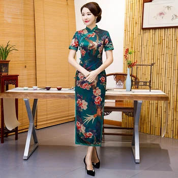 

Big Size M-4XL Oriental Lady Stage Show Qipao Summer Print Flower Elegant Evening Dress Chinese Style Retro Long Cheongsam