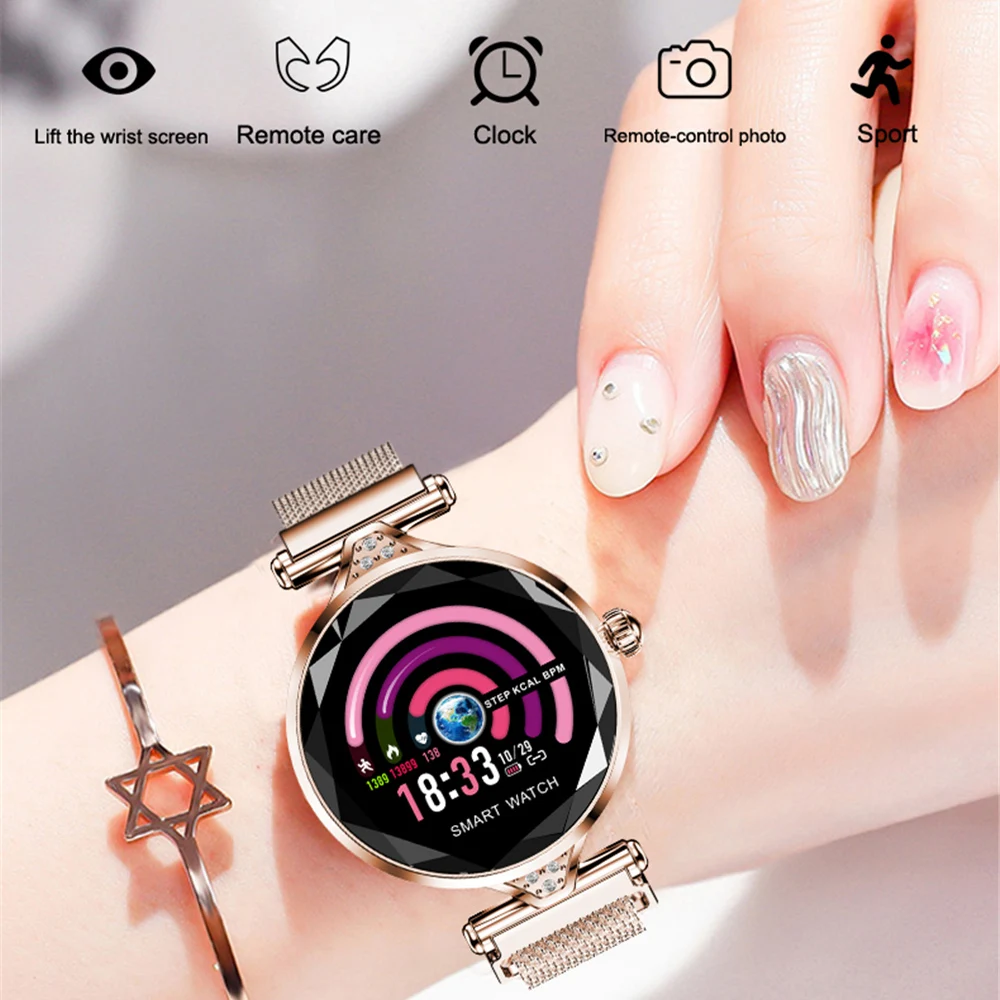 H1 Women Fashion Smart Watch Blood Pressure Heart Rate Monitor Fitness Tracker Bracelet lady Smartwatch Diamond Color Screen