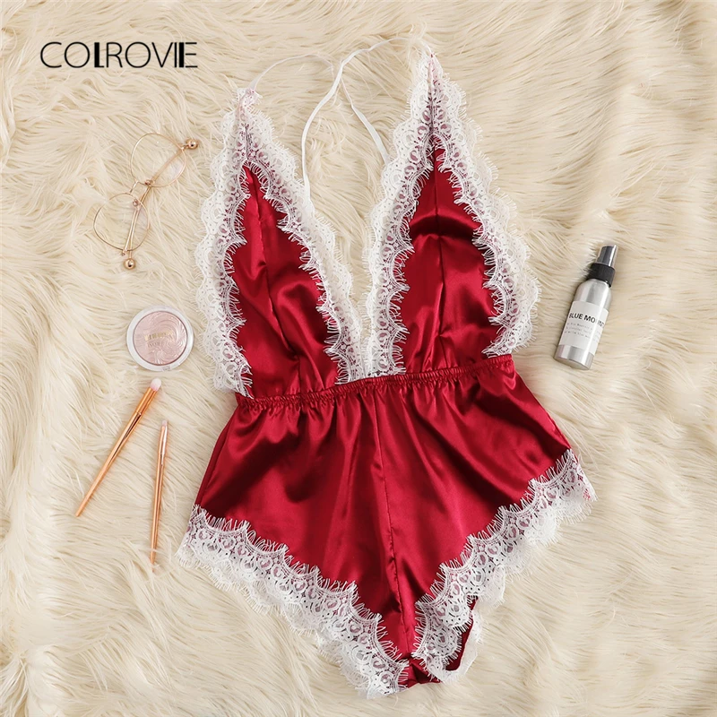 COLROVIE عنابي كريسس الصليب الدانتيل تقليم رومبير ارتداءها النساء تيدي حزام Playsuit إمرأة الملابس عارية الذراعين مثير ارتداءها