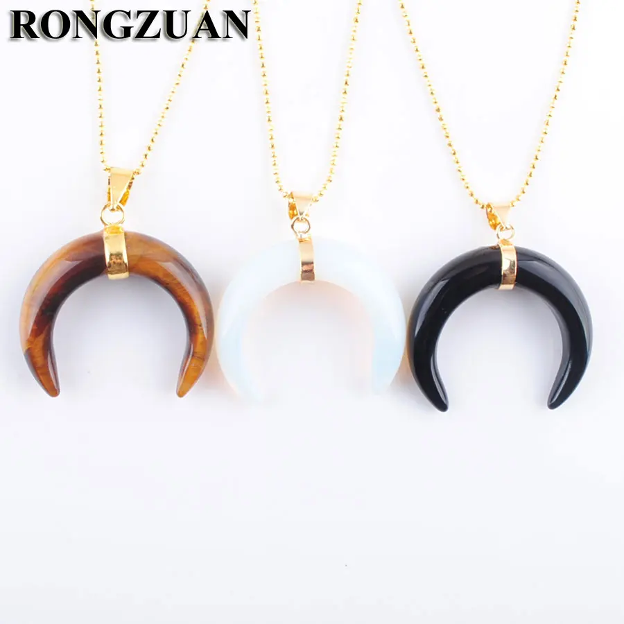 

RONGZUAN Natural Crescent Moon Necklaces Pendants Lapis Lazuli Rose Quartzs Opalite White Stones Gold Color Women Jewelry TBN328