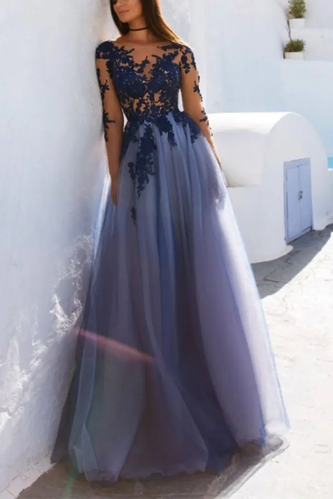 Сексуальное прозрачное кружевное голубое торжественное платье с длинным рукавом с открытой спиной, Тюлевое длинное вечернее платье на заказ