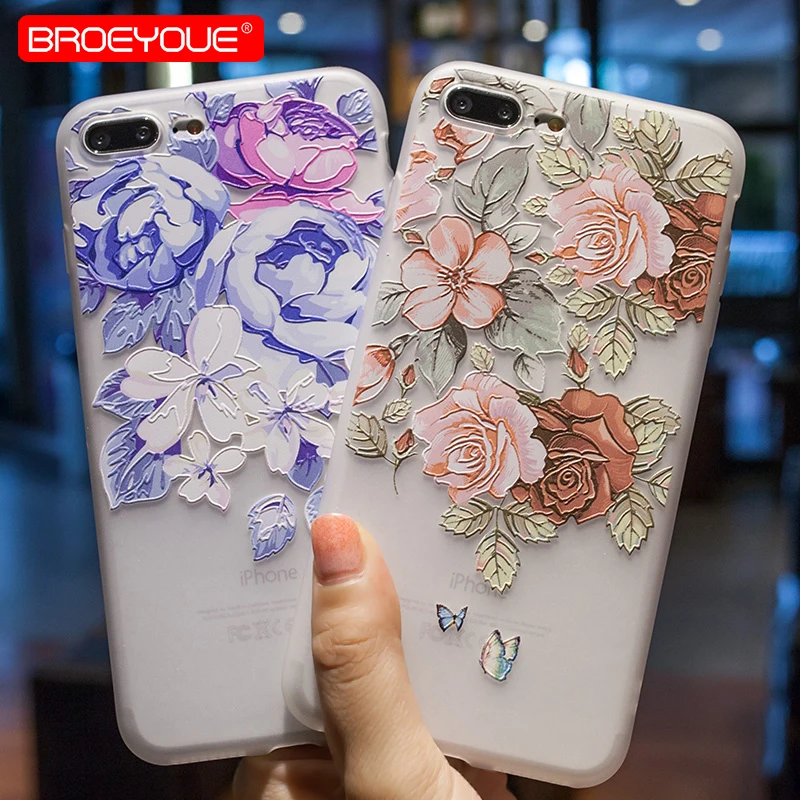 

BROEYOUE Phone For IPhone 5 5S SE 6 6s Plus 7 8 7 8 Plus X Case 3D Relief Soft TPU Silicone Flower Case Back Cover For iPhone X