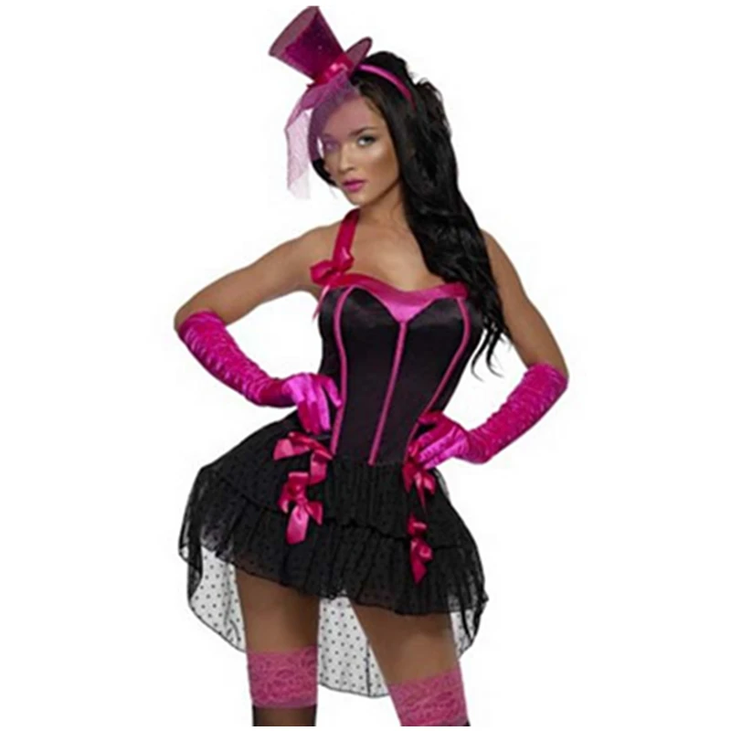 

Corset-like Bodice Halter Neck Pink Satin Ribbon Trim and Mini Pink Satin Bow Dancing Burlesque Costume for Woman L1270