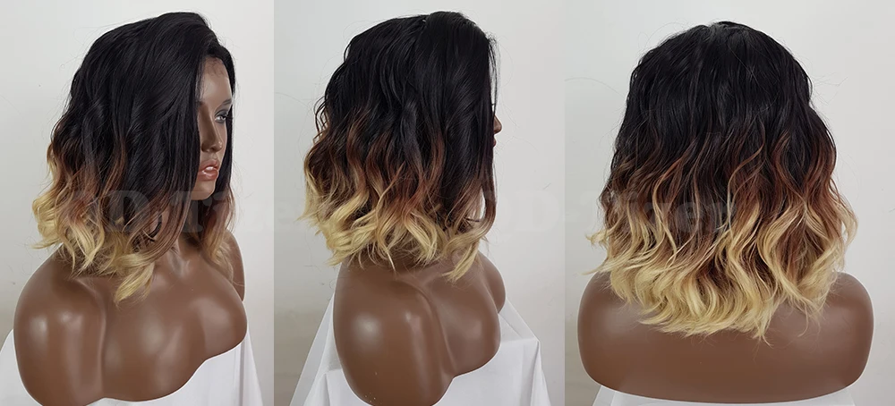 QD-Tizer Short Ombre Brown Hair Synthetic Lace Front Wigs Glueless Lob Hair Free Part Synthetic Lace Wigs for Fashion Women6