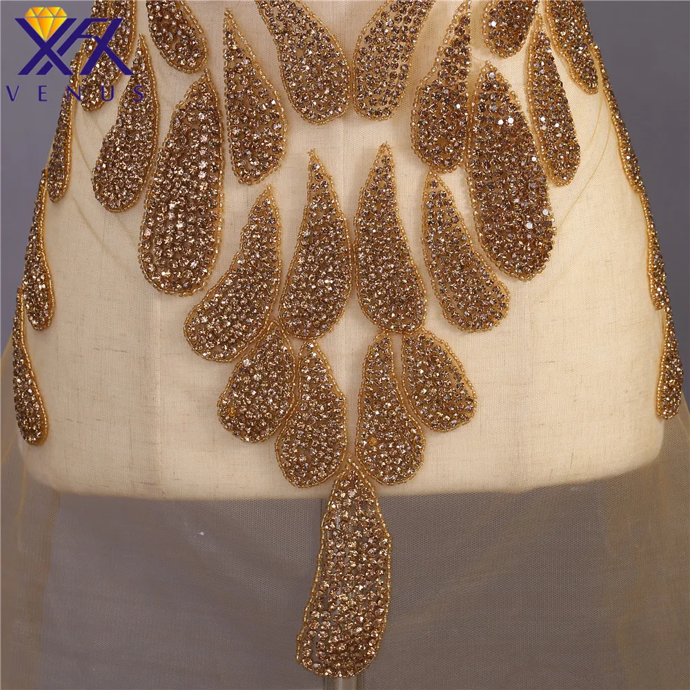 XFX VENUS 1 Set Handmade Gold Shine Rhinestones applique beads patches large size big trimming motif bodice for wedding dresses
