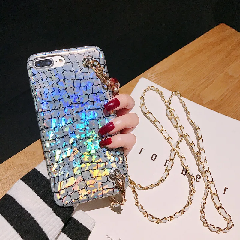 

Iridescent laser Crossbody cover case for iPhone 7 8 6 6S Plus X XS MAX XR Crocodile Pattern case with long chain Girl Gift