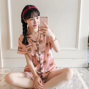 

Satin Silk Short Sleeve Print Women's Pajama Sets Pink Plus Size Women Nightie 2020 Summer Spring Woman Sleepwear 2 Pieces