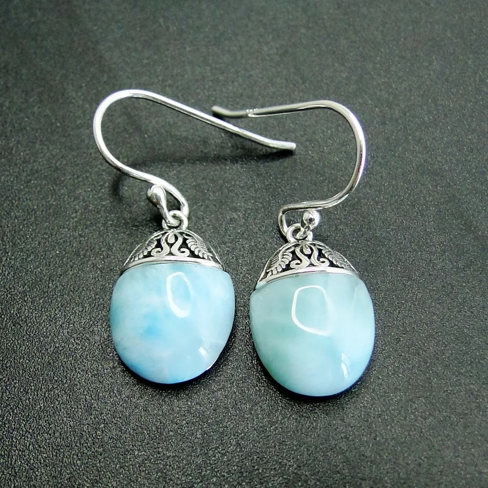Antique Bohemian Style 925 Sterling Silver Jewelry Dangle Earrings with Natural Larimar Gemstone Drop Dangle Earrings for Woman - Image 3
