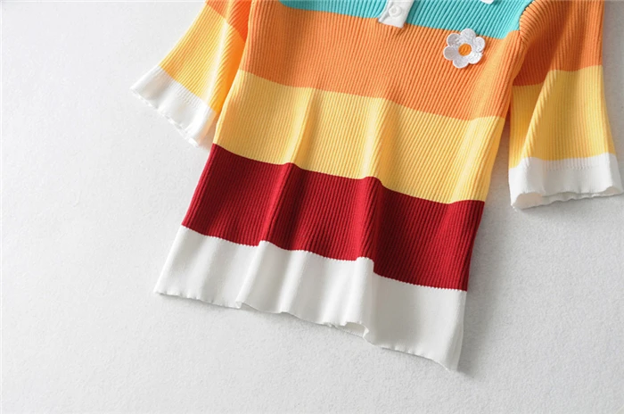 Chu Sau beauty сладкий шик цветной блок трикотажная рубашка поло для женщин Повседневный стиль свободный однобортный свитер Vestidos De Mode