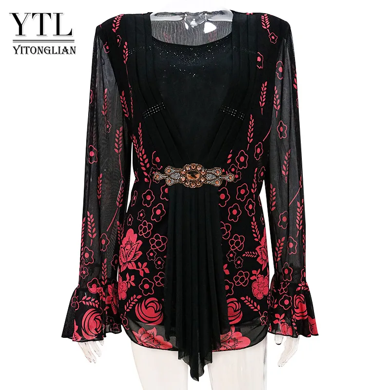 Yitonglian, длинная туника, топы для женщин, винтажная женская накидка, топ размера плюс, Кардиган с длинным рукавом, вязанный, две части, черная блузка H014 - Цвет: Red Black