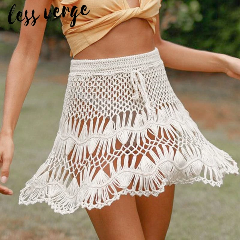 

lessverge Crochet knit white mini skirt women Sexy hollow high waist A Line skirt Summer casual holiday beach mesh skirt female
