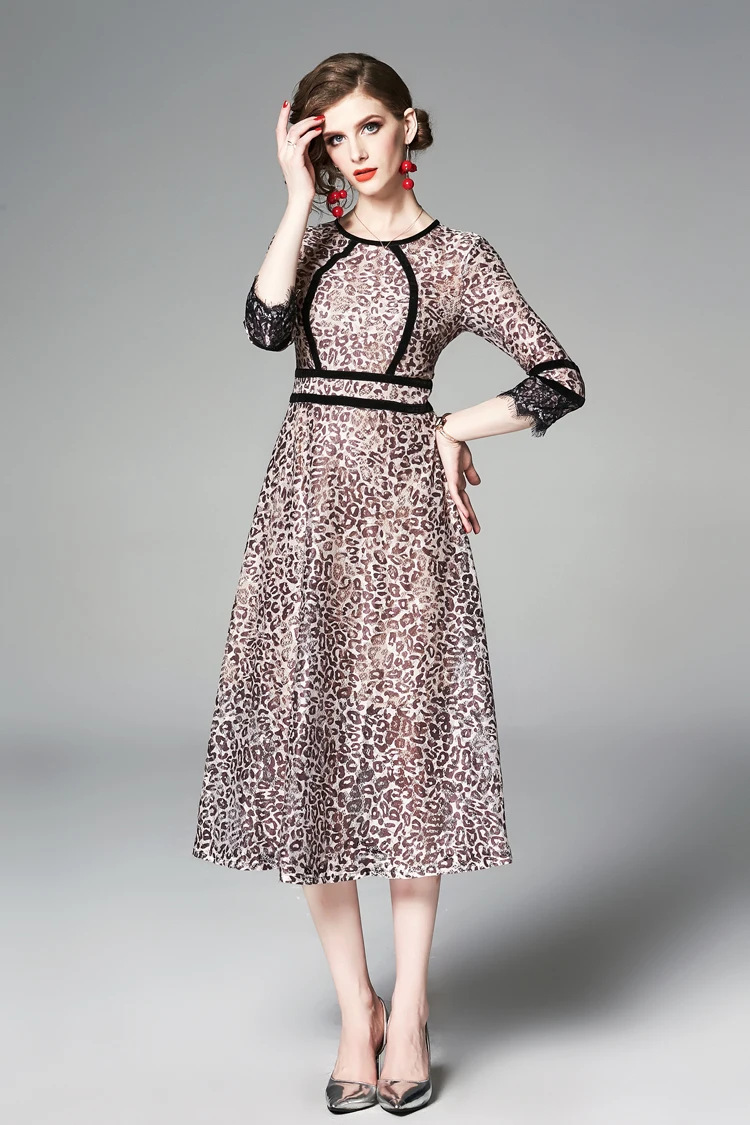 H Han Queen Summer New Lace Leopard A-line Dress Women 3/4 Sleeve Patchwork Swing Dresses Vintage Streetwear Slim Vestidos
