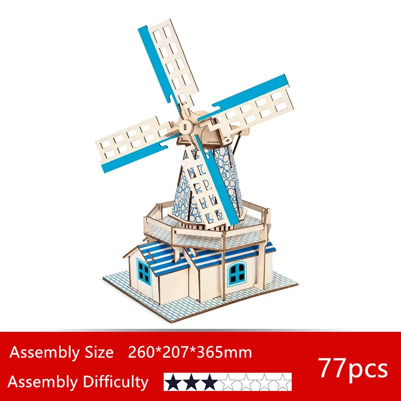 

Laser Cutting 3D Wooden Puzzle Buildings Model Building Assembly Kit Dutch windmill Holland Waterwheel toys Jigsaw 3D Manual