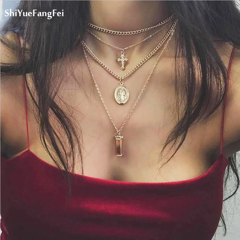 

Cross Virgin Chain Alloy Cross Metal Rod 4 Layer Pendant Necklaces Bohemian Jewelery Goddess Catholic Choker Necklace