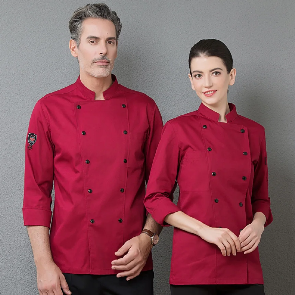 Верхняя одежда для ресторана, кухни, шеф-повара, Cozinha, Униформа, одежда,, унисекс, красная, с длинным рукавом, двубортная, рабочая куртка - Цвет: Long sleeve