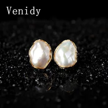 Venidy Real Baroque Freshwater Pearl Stud Earrings Jewelry,925 Sterling Silver Fine Jewelry Earrings Stud Women Party Wedding