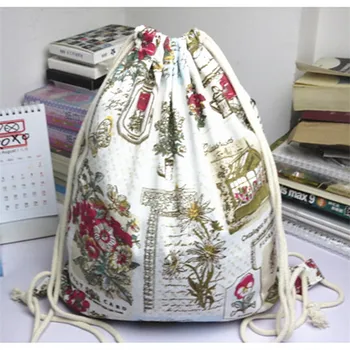 

YILE YWA02 Simple Fabric Bag Linen Drawstring Backpack Student Book Bag Bonsai Plant