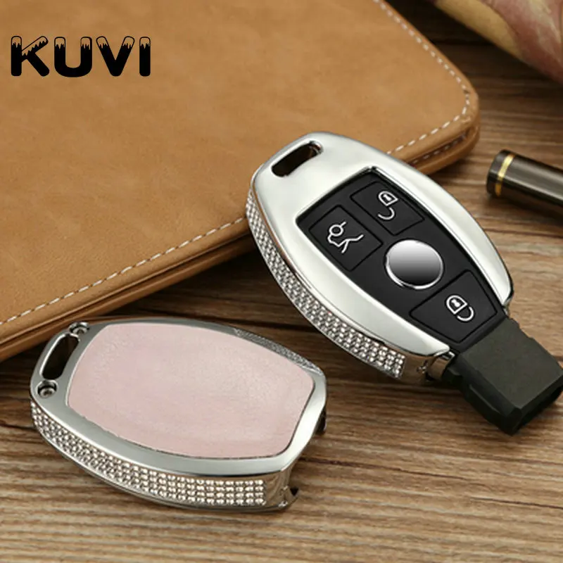 

Diamond Alloy Leather Car Key Case Cover Key Holder Chain Ring For Mercedes Benz W203 W210 W211 W124 W202 W204 AMG Accessories