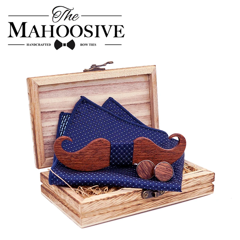  Mustache Wood Bowtie Handkerchief Cufflinks Sets for Mens Suit Wooden Bow tie dropshipping Bow Tie 