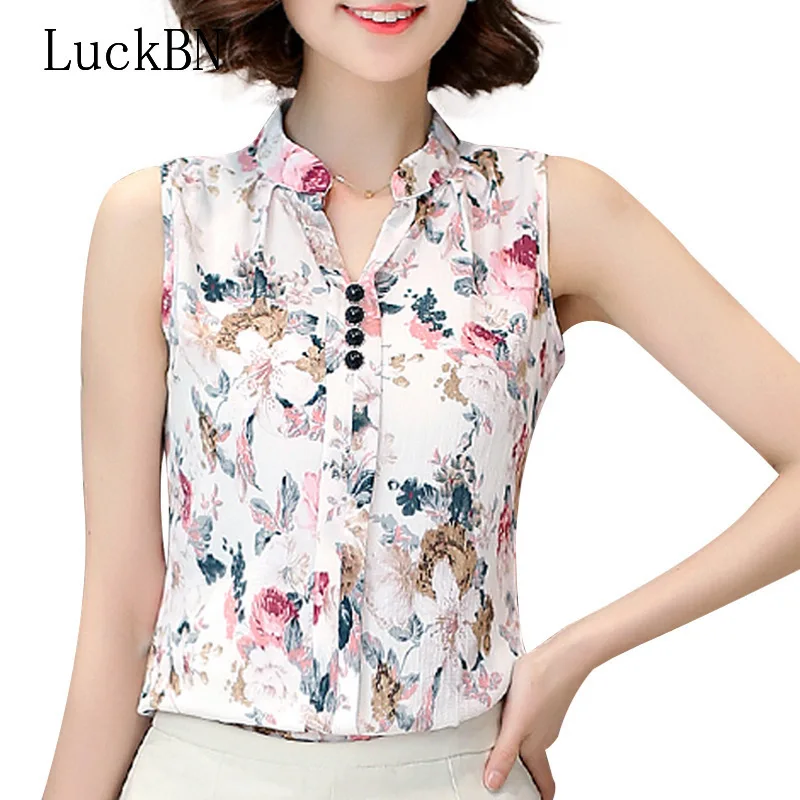 

Blusas Korean Fashion Clothing 2019 Summer Womens Sleeveless White Chiffon Blouse Shirt Ladies Tops V-Neck Female Plus Size