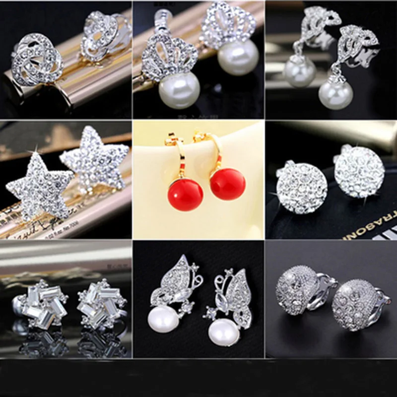 

Fashion Jewelry Simulated Pearl Rhinestone Earrings Cute Clip on Earrings Non Piercing Earrings for No Hole Ear Women