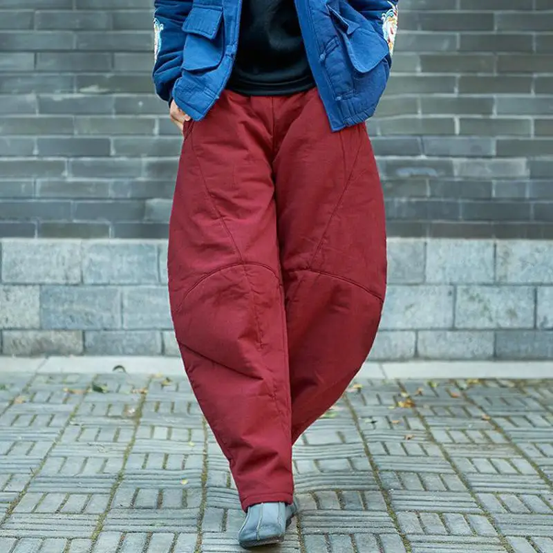 Зимние Винтаж хлопок толстые штаны-шаровары свободные мягкие Лен Повседневное