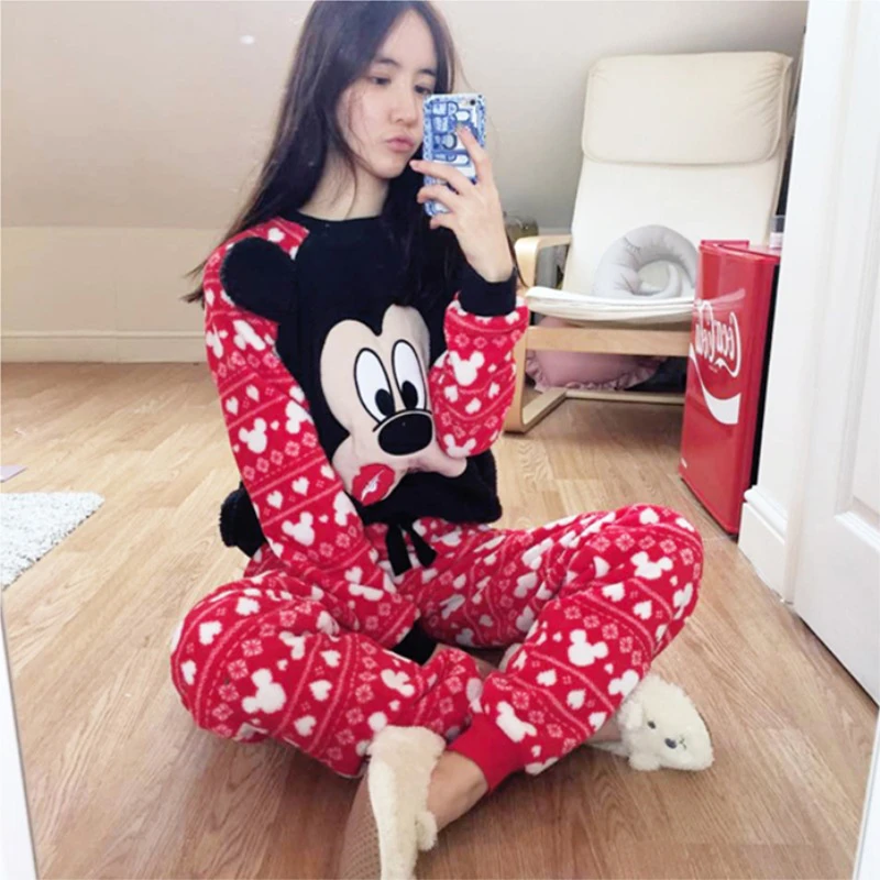 Womens Long Sleeve Cartoon Mickey Mouse and Red Lip Warm Flannel Pajamas  Pigiama Donna Free Shipping|pigiama donna|flannel pajamaswarm pajamas -  AliExpress