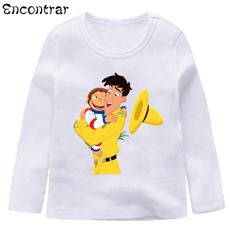 Повседневные топы с длинными рукавами для мальчиков и девочек, Детская футболка с принтом «Curious Джордж», Детская забавная белая футболка, LKP3067 - Цвет: LKP3067D